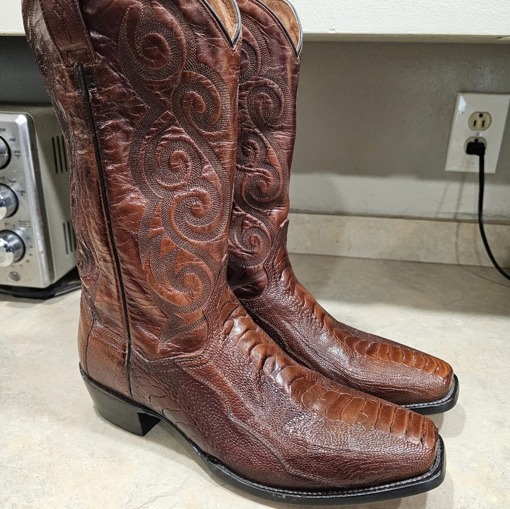 NEW Mens 11 D Dan Post Brown Genuine OSTRICH LEG Square Toe Western Cowboy Boots - Picture 2 of 13